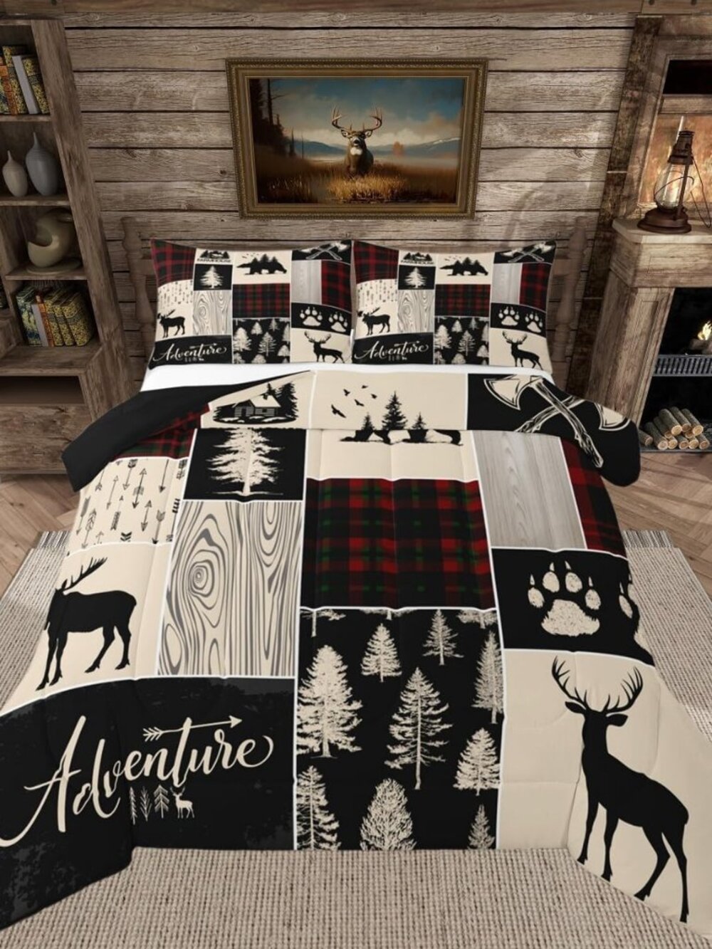 Christmas Retro Cabin Comforter Set Rustic Lodge Patchwork Bedding Set